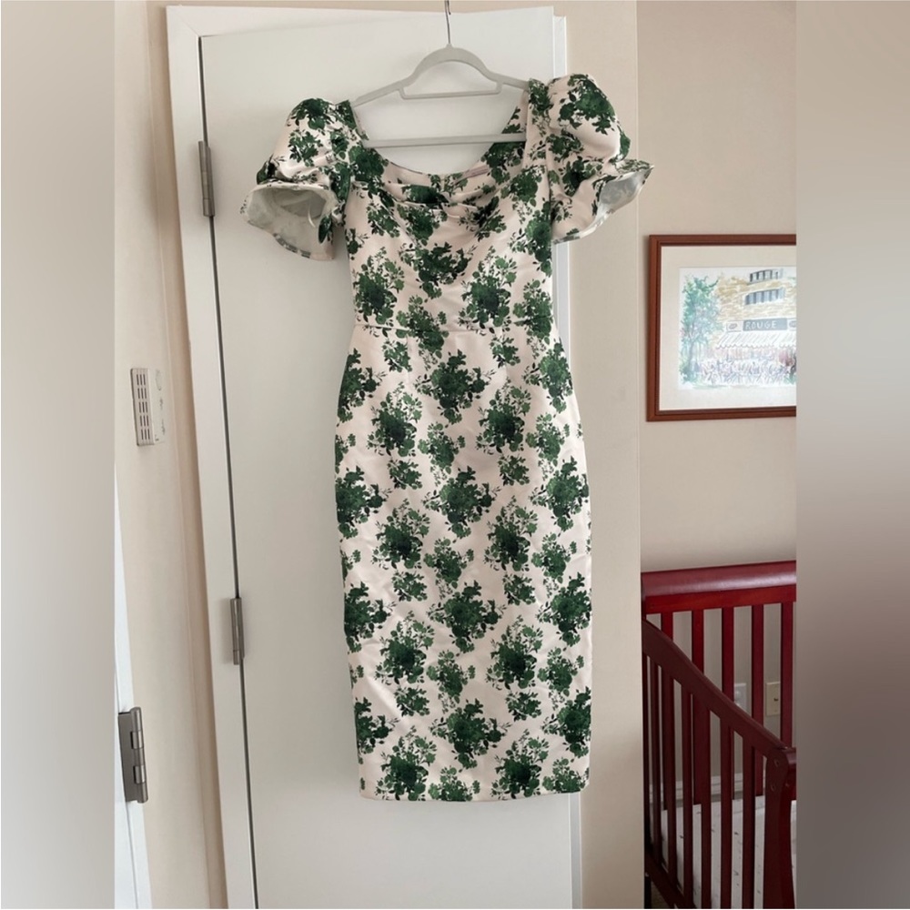 Damaris Bailey Silk Puff Sleeve Midi Green White Floral Dress small